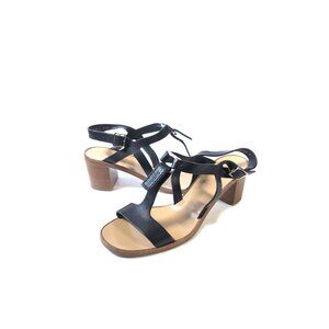 FERRAGAMO Shoes Womens 8.5 Black Leather Peria T-Strap Sandals Block Hee…